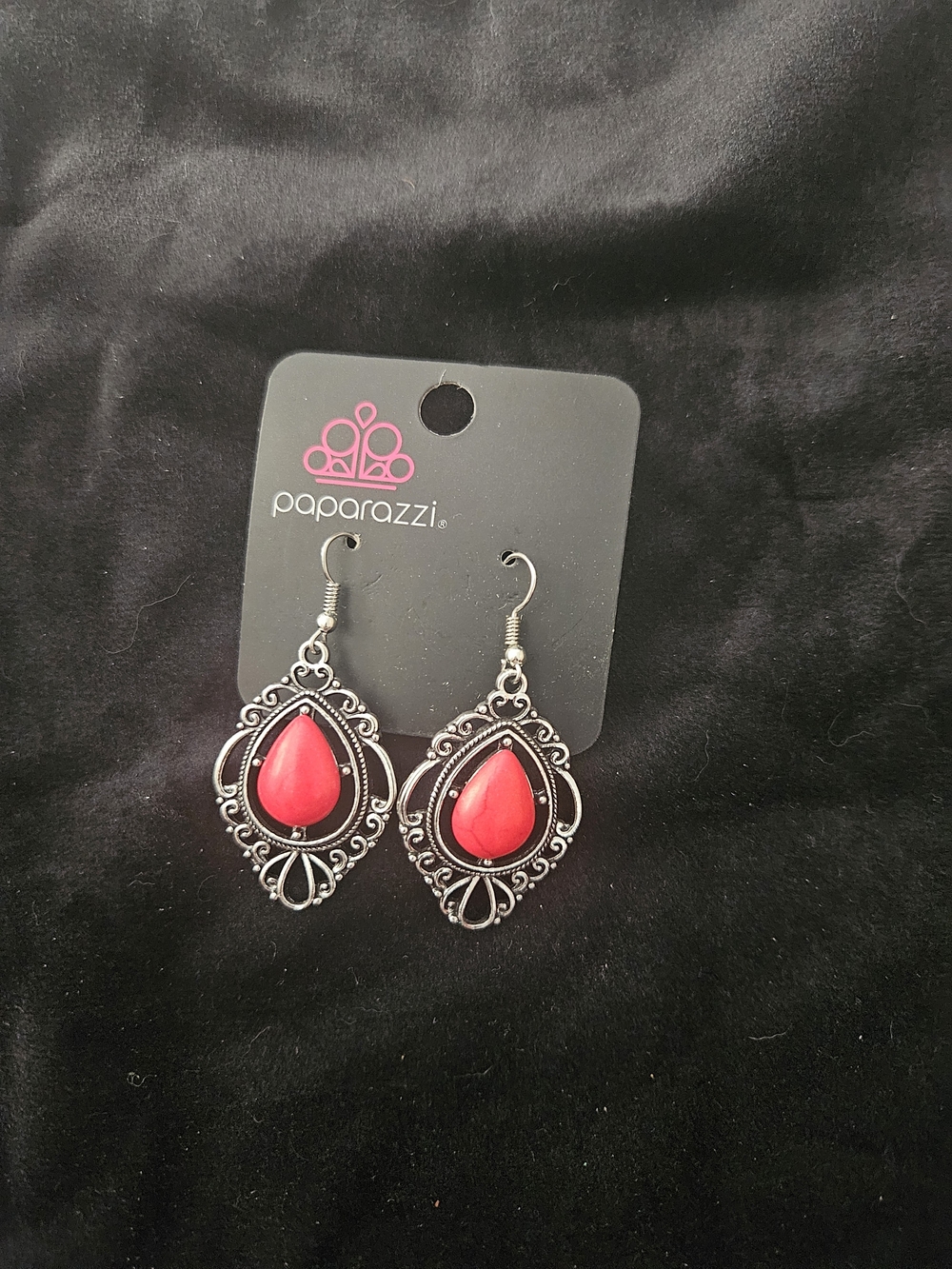 Paparazzi Silver Filigree Drop Earrings with Red Teardrops